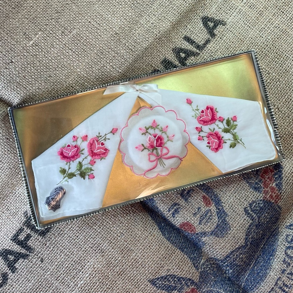 Vintage DESCO Handkerchief Set Made In Switzerland Embroidered Floral